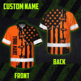 Hi Vis Hawaiian Shirt Reflective Tapes Orange Neon US Flag Custom Name Safety Workwear For Workers, Truckers, Operators