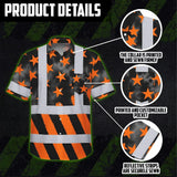 Hi Vis Hawaiian Shirt Reflective Tapes Orange Neon US Flag Custom Name Safety Workwear For Workers, Truckers, Operators