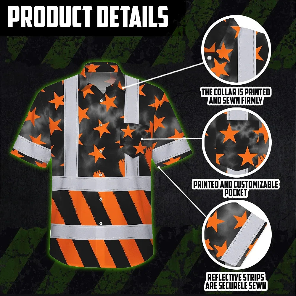Hi Vis Hawaiian Shirt Reflective Tapes Orange Neon US Flag Custom Name Safety Workwear For Workers, Truckers, Operators