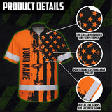 Hi Vis Hawaiian Shirt Reflective Tapes Orange Neon US Flag Custom Name Safety Workwear For Workers, Truckers, Operators