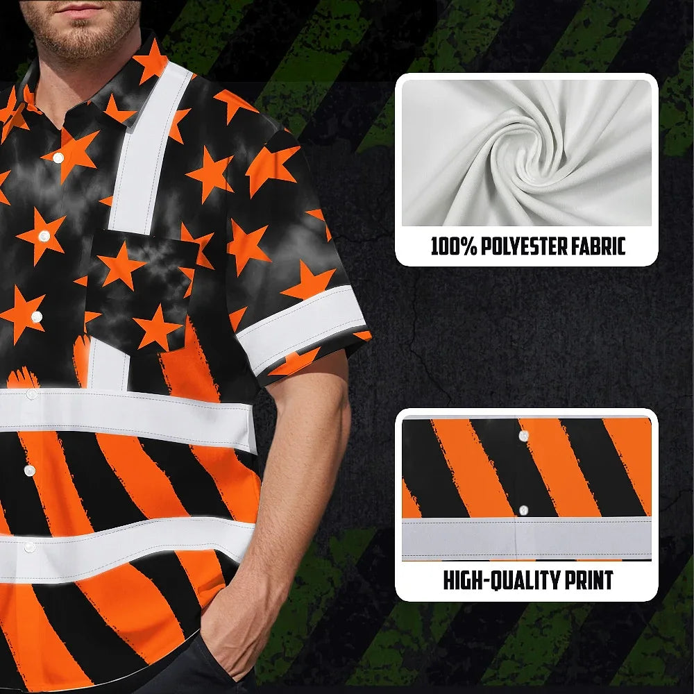 Hi Vis Hawaiian Shirt Reflective Tapes Orange Neon US Flag Custom Name Safety Workwear For Workers, Truckers, Operators