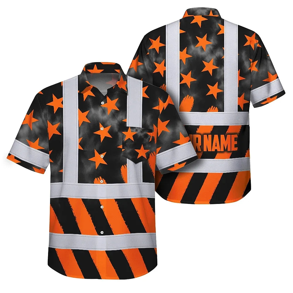 Hi Vis Hawaiian Shirt Reflective Tapes Orange Neon US Flag Custom Name Safety Workwear For Workers, Truckers, Operators