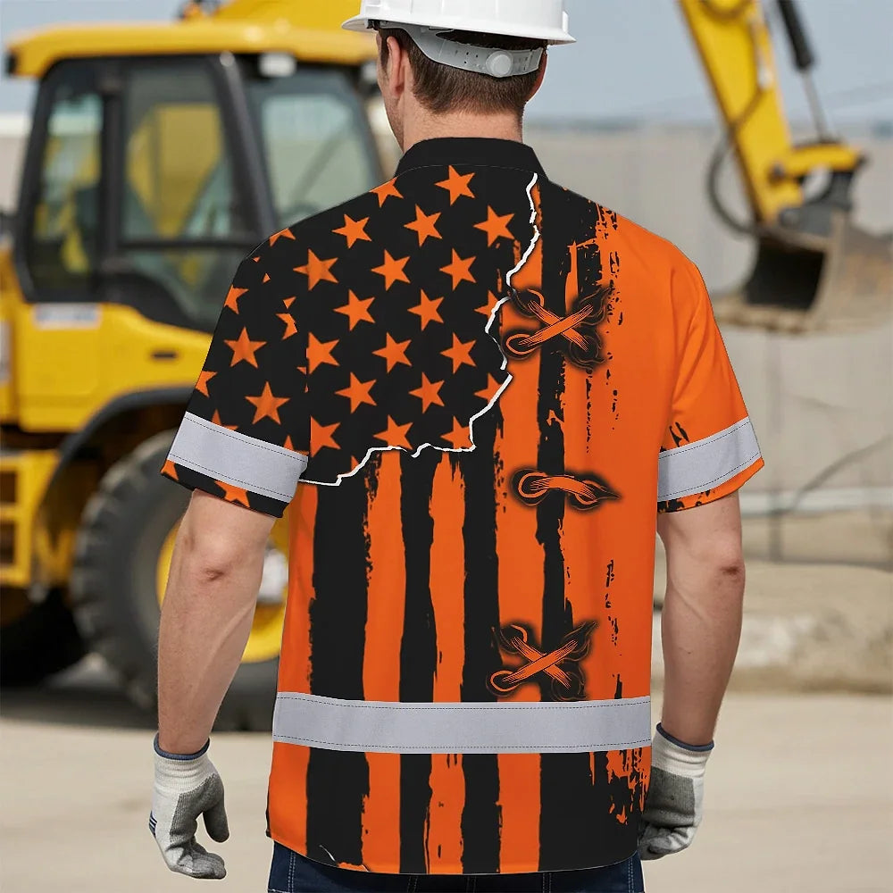 Hi Vis Hawaiian Shirt Reflective Tapes Orange Neon US Flag Custom Name Safety Workwear For Workers, Truckers, Operators