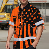 Hi Vis Hawaiian Shirt Reflective Tapes Orange Neon US Flag Custom Name Safety Workwear For Workers, Truckers, Operators