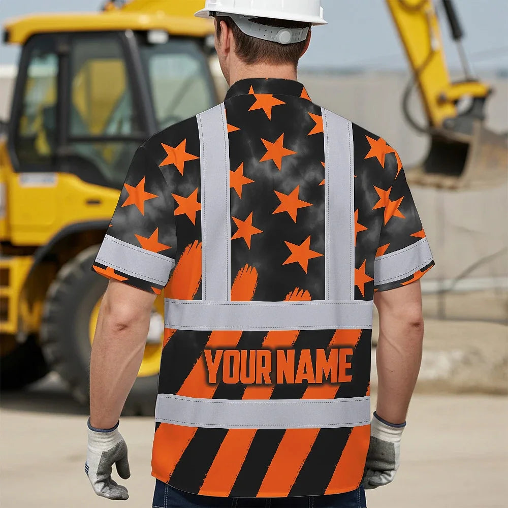 Hi Vis Hawaiian Shirt Reflective Tapes Orange Neon US Flag Custom Name Safety Workwear For Workers, Truckers, Operators