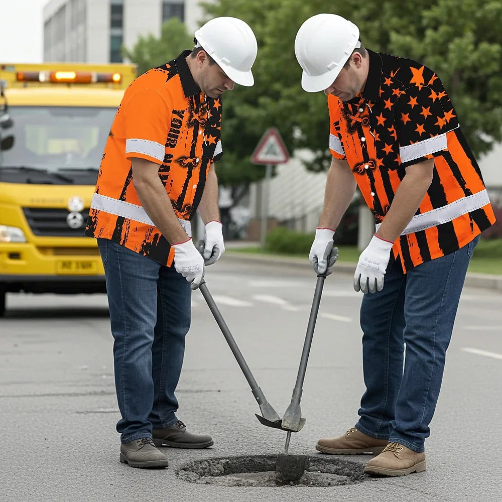 Hi Vis Hawaiian Shirt Reflective Tapes Orange Neon US Flag Custom Name Safety Workwear For Workers, Truckers, Operators