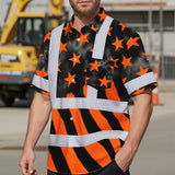 Hi Vis Hawaiian Shirt Reflective Tapes Orange Neon US Flag Custom Name Safety Workwear For Workers, Truckers, Operators