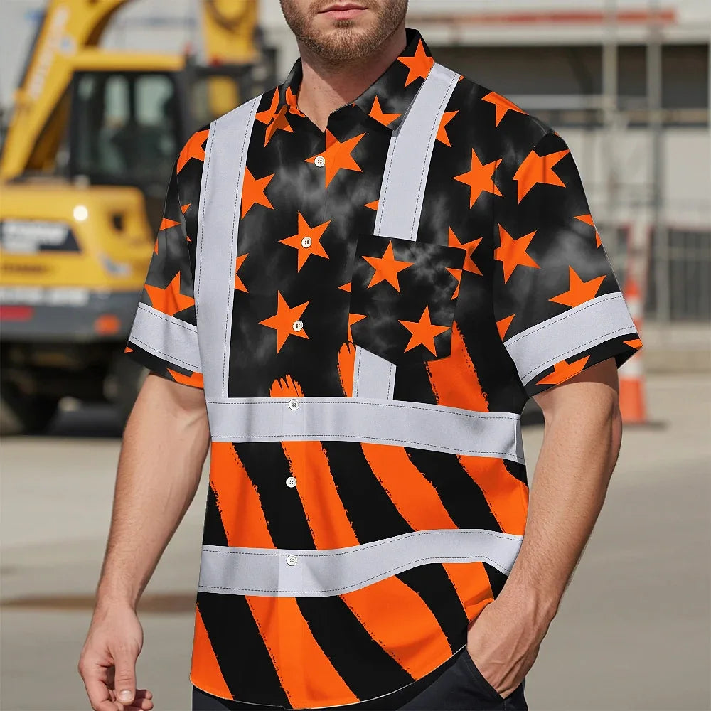 Hi Vis Hawaiian Shirt Reflective Tapes Orange Neon US Flag Custom Name Safety Workwear For Workers, Truckers, Operators
