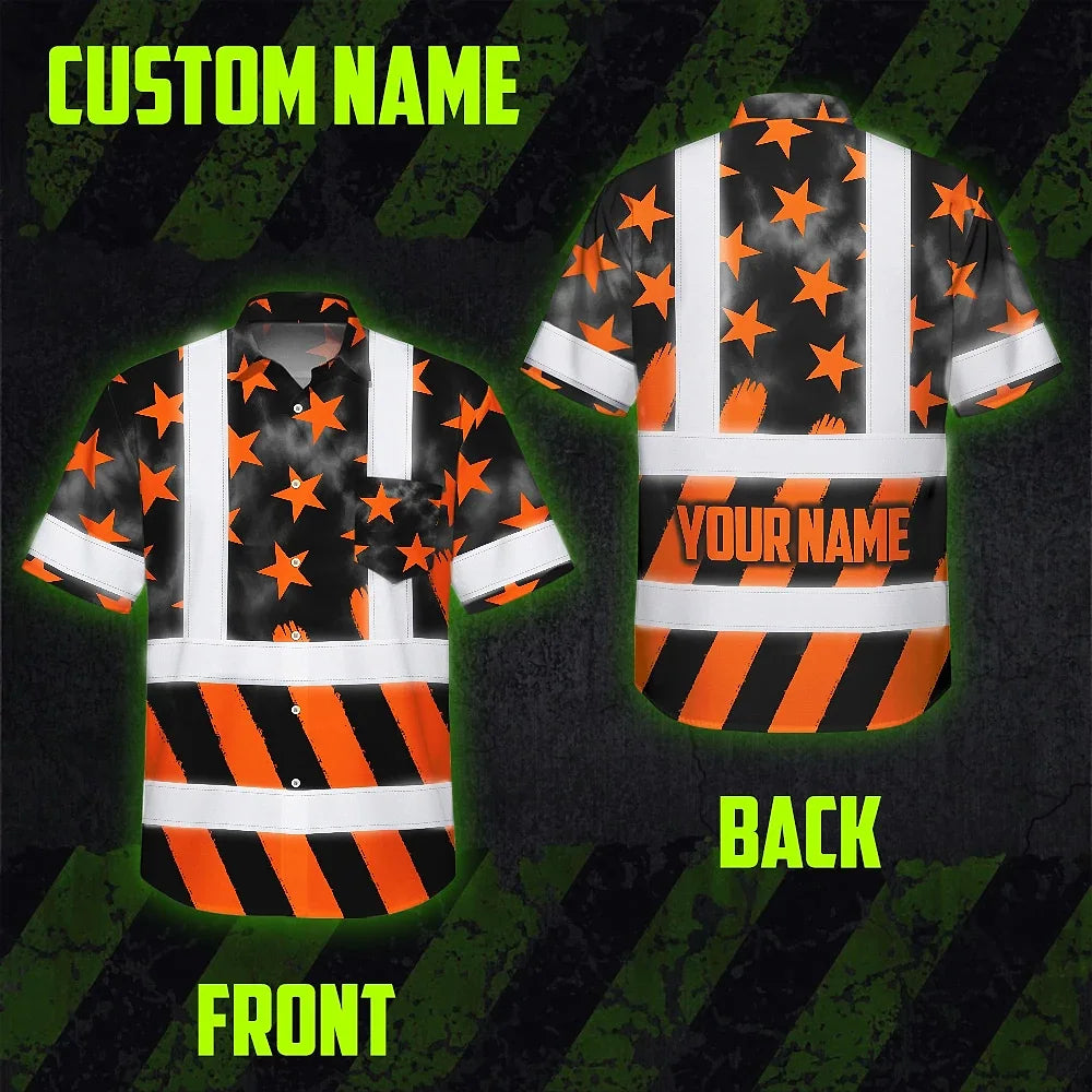 Hi Vis Hawaiian Shirt Reflective Tapes Orange Neon US Flag Custom Name Safety Workwear For Workers, Truckers, Operators