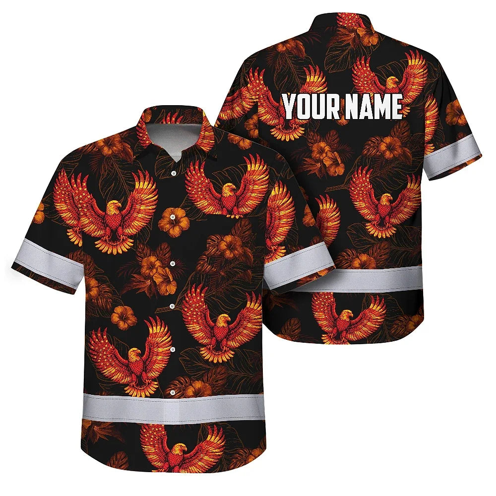 Hi Vis Hawaiian Shirt Reflective Tapes Orange Neon US Flag Flower Custom Name Safety Workwear For Workers, Truckers, Operators, Independence