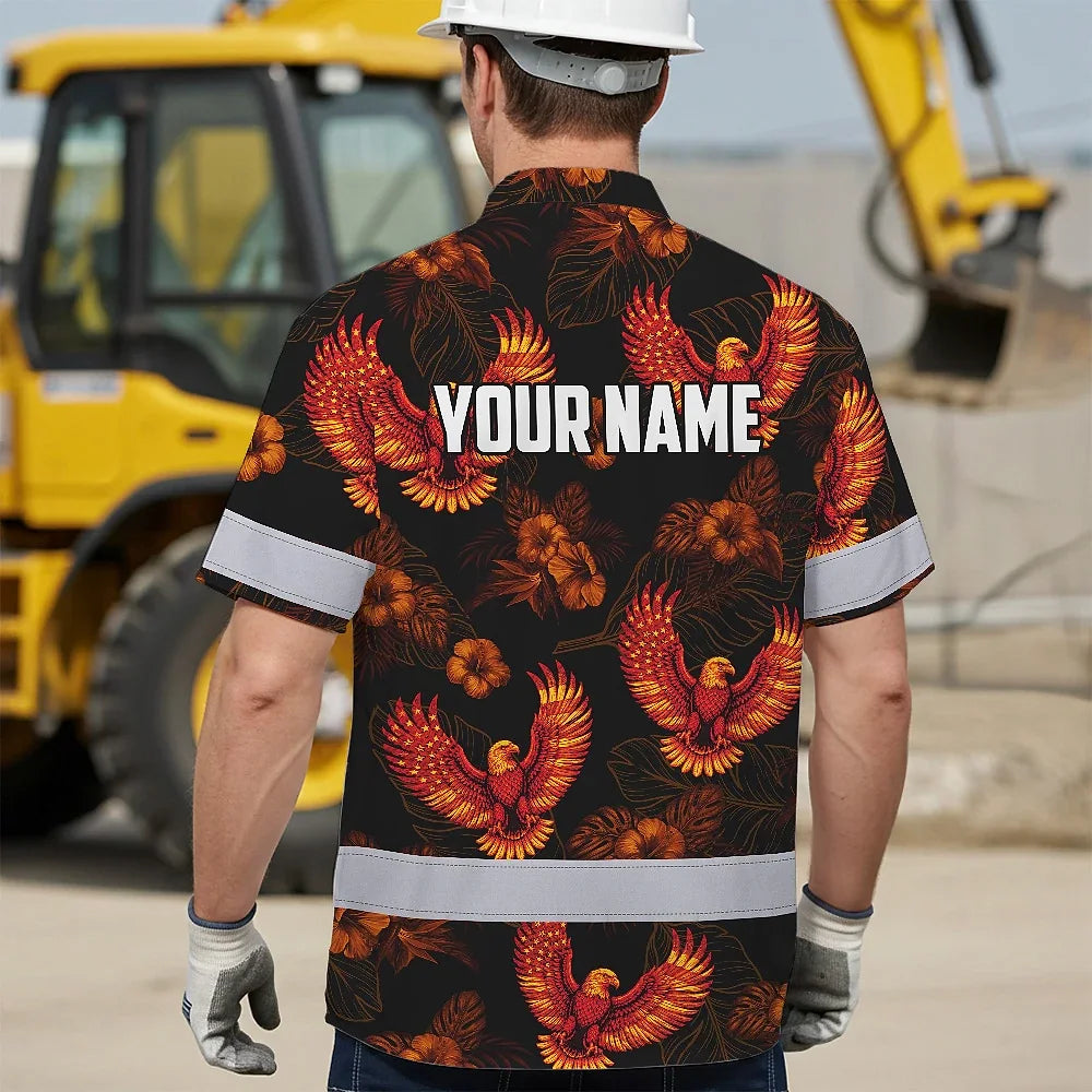 Hi Vis Hawaiian Shirt Reflective Tapes Orange Neon US Flag Flower Custom Name Safety Workwear For Workers, Truckers, Operators, Independence