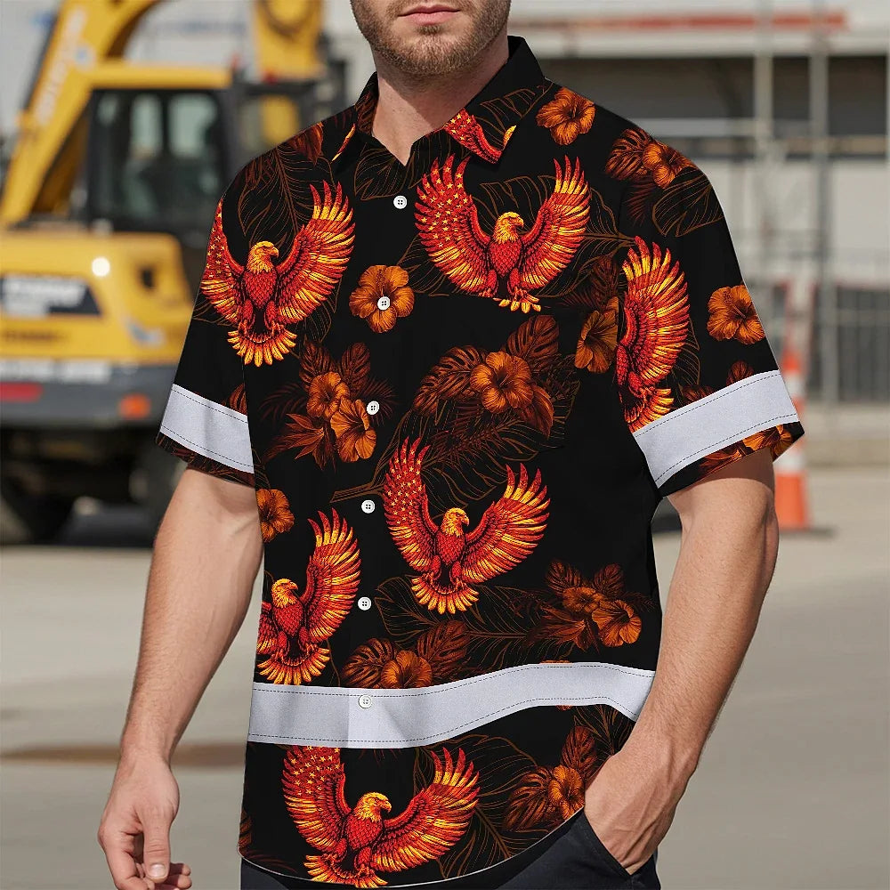 Hi Vis Hawaiian Shirt Reflective Tapes Orange Neon US Flag Flower Custom Name Safety Workwear For Workers, Truckers, Operators, Independence