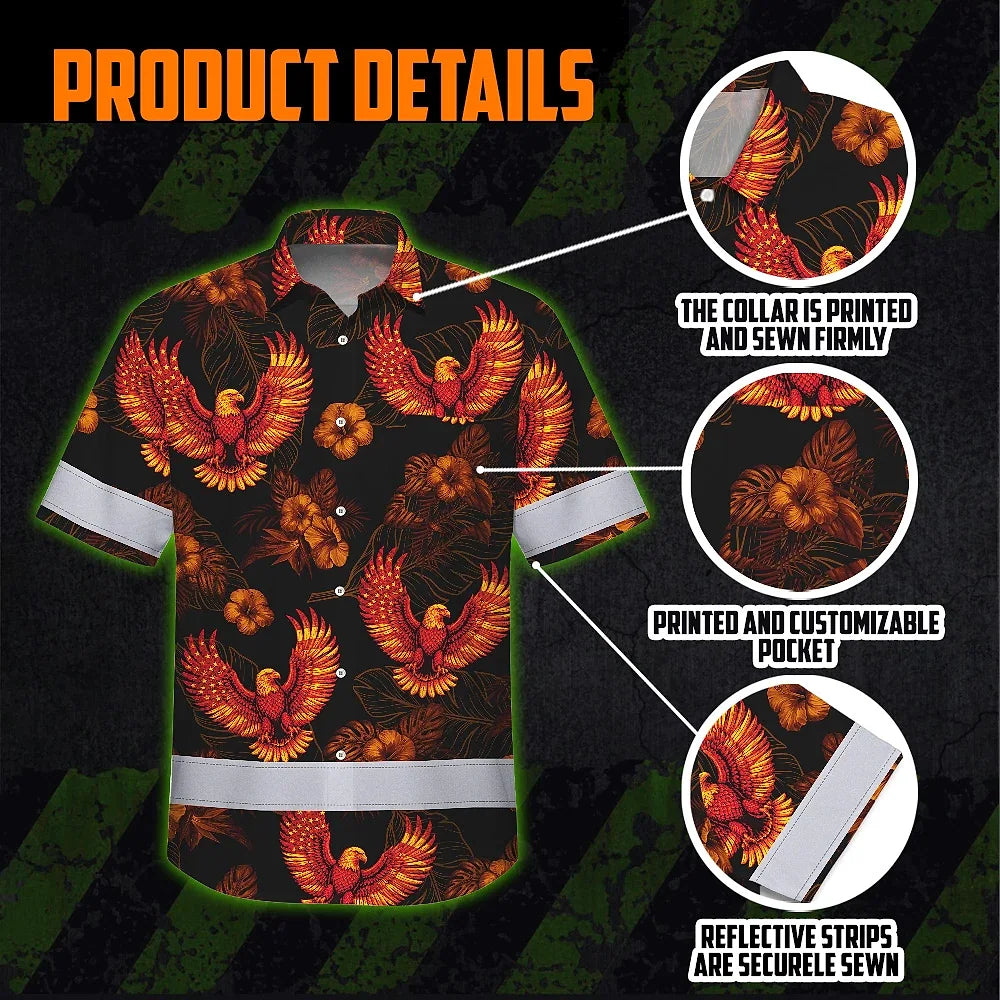 Hi Vis Hawaiian Shirt Reflective Tapes Orange Neon US Flag Flower Custom Name Safety Workwear For Workers, Truckers, Operators, Independence