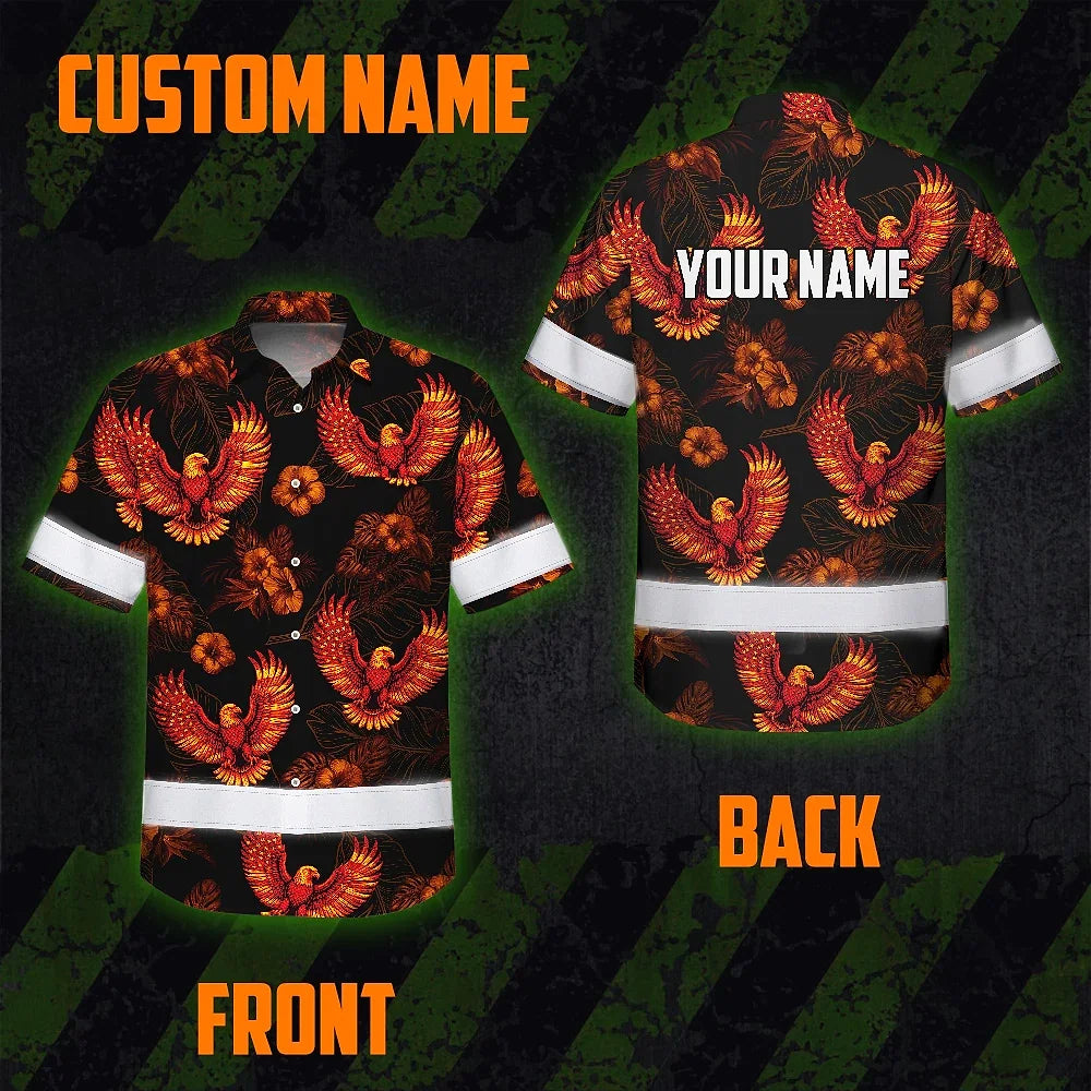 Hi Vis Hawaiian Shirt Reflective Tapes Orange Neon US Flag Flower Custom Name Safety Workwear For Workers, Truckers, Operators, Independence