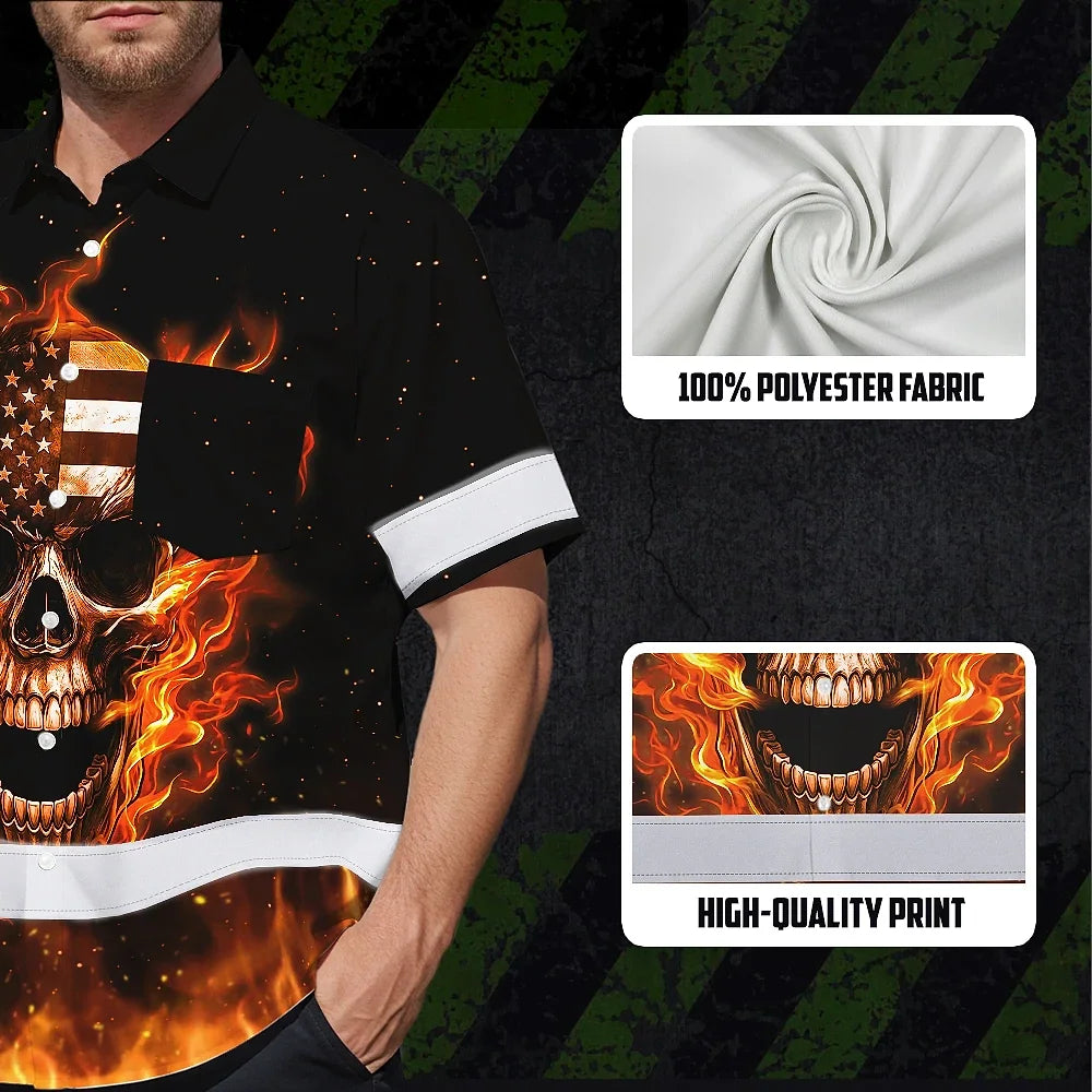 Hi Vis Hawaiian Shirt Reflective Tapes Orange Neon US Skull Custom Name Safety Workwear For Workers, Truckers, Operators