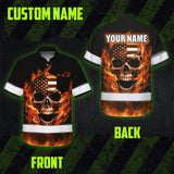 Hi Vis Hawaiian Shirt Reflective Tapes Orange Neon US Skull Custom Name Safety Workwear For Workers, Truckers, Operators
