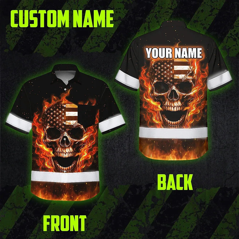 Hi Vis Hawaiian Shirt Reflective Tapes Orange Neon US Skull Custom Name Safety Workwear For Workers, Truckers, Operators