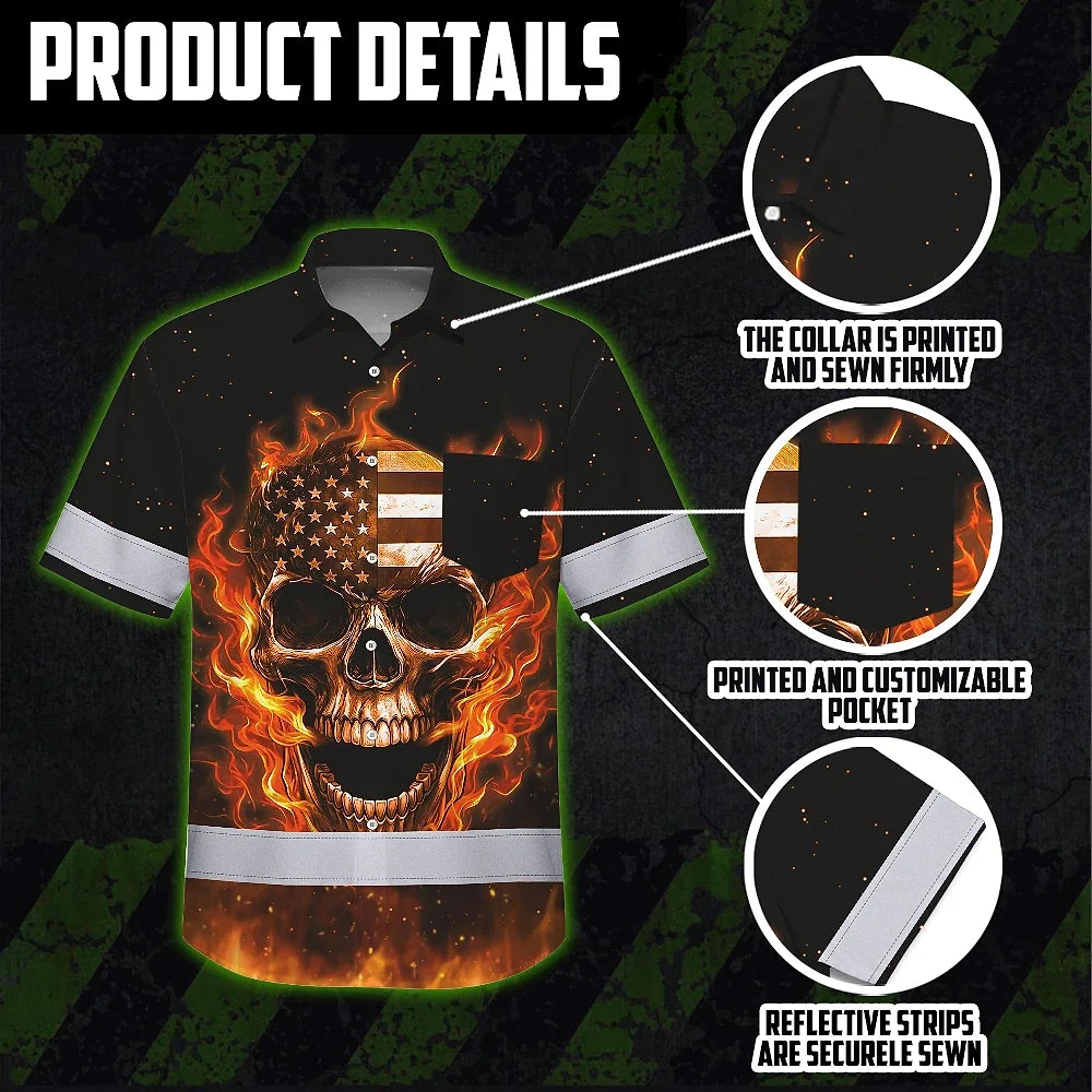 Hi Vis Hawaiian Shirt Reflective Tapes Orange Neon US Skull Custom Name Safety Workwear For Workers, Truckers, Operators
