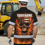Hi Vis Hawaiian Shirt Reflective Tapes Orange Neon US Skull Custom Name Safety Workwear For Workers, Truckers, Operators