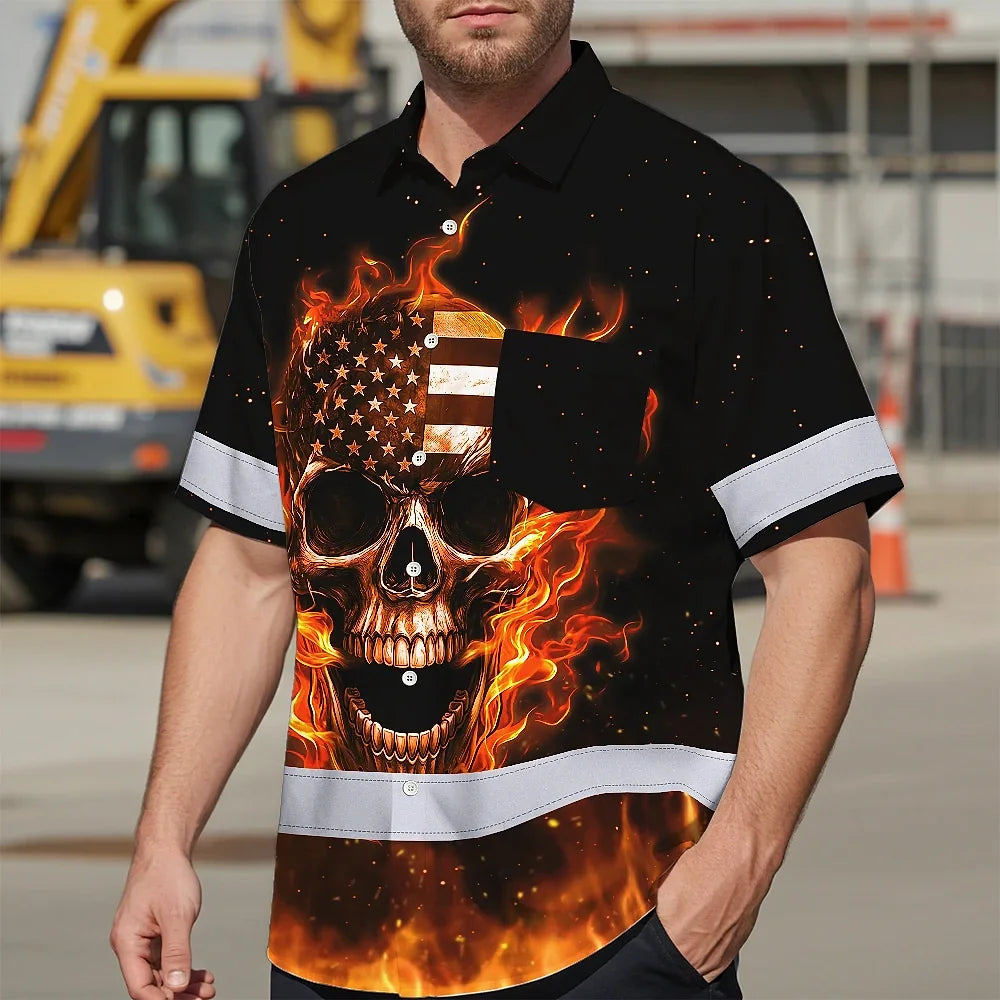 Hi Vis Hawaiian Shirt Reflective Tapes Orange Neon US Skull Custom Name Safety Workwear For Workers, Truckers, Operators