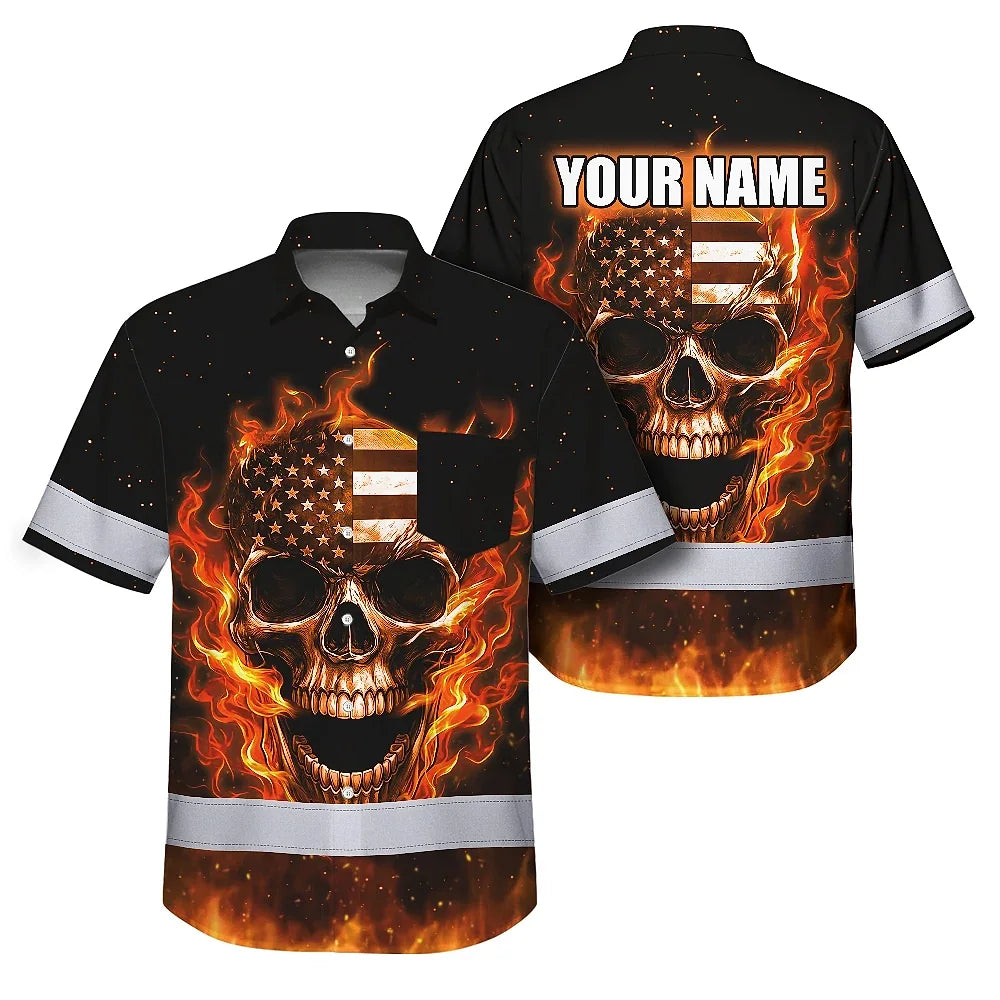 Hi Vis Hawaiian Shirt Reflective Tapes Orange Neon US Skull Custom Name Safety Workwear For Workers, Truckers, Operators
