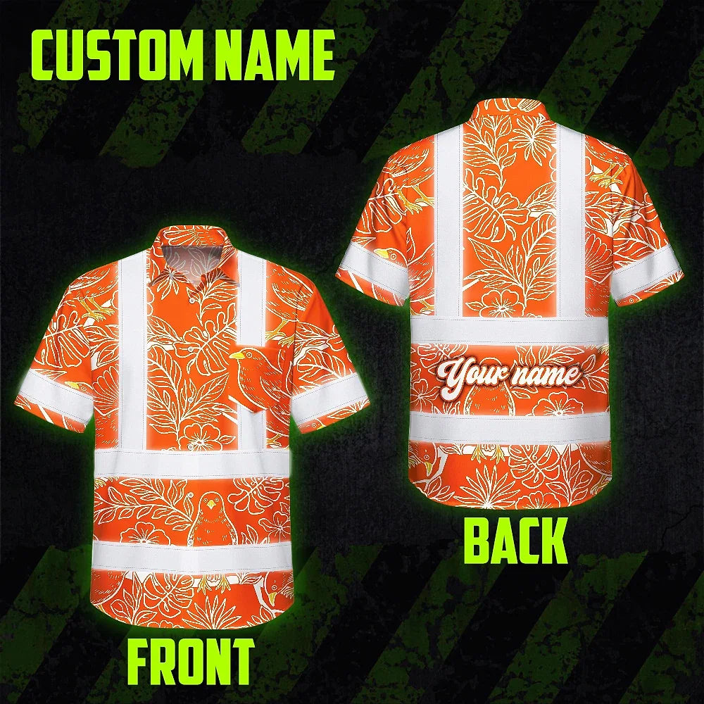 Hi Vis Hawaiian Shirt Reflective Tapes Orange Neon White 2 Flowers Custom Name Safety Workwear For Workers, Truckers, Operators
