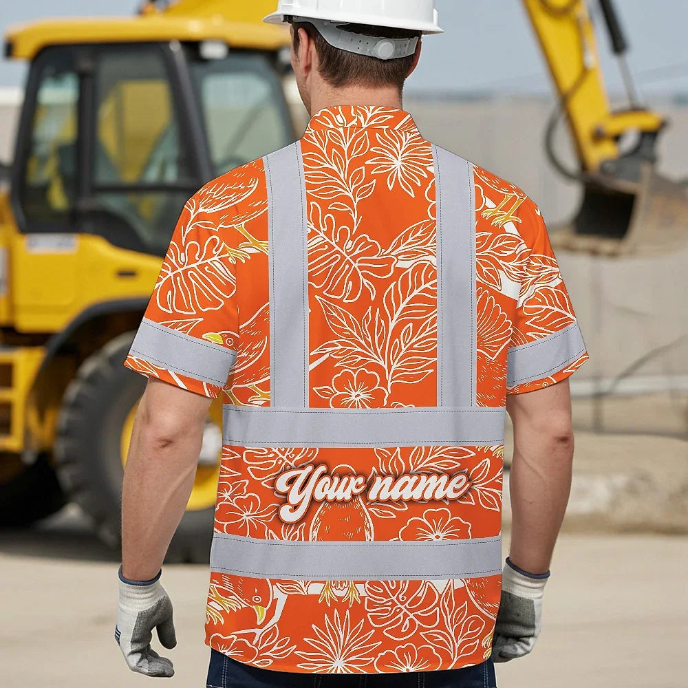 Hi Vis Hawaiian Shirt Reflective Tapes Orange Neon White 2 Flowers Custom Name Safety Workwear For Workers, Truckers, Operators