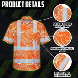 Hi Vis Hawaiian Shirt Reflective Tapes Orange Neon White 2 Flowers Custom Name Safety Workwear For Workers, Truckers, Operators