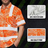 Hi Vis Hawaiian Shirt Reflective Tapes Orange Neon White 2 Flowers Custom Name Safety Workwear For Workers, Truckers, Operators