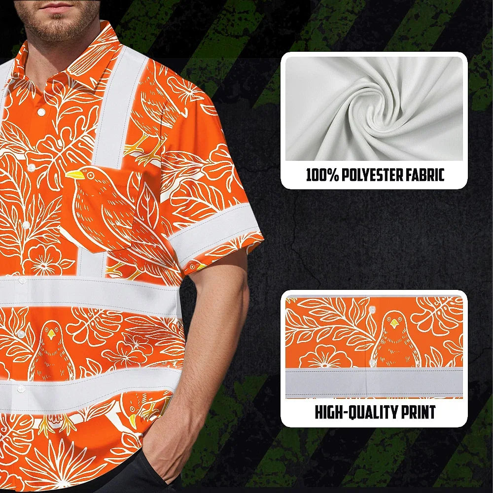 Hi Vis Hawaiian Shirt Reflective Tapes Orange Neon White 2 Flowers Custom Name Safety Workwear For Workers, Truckers, Operators