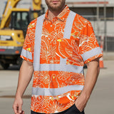 Hi Vis Hawaiian Shirt Reflective Tapes Orange Neon White 2 Flowers Custom Name Safety Workwear For Workers, Truckers, Operators