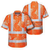 Hi Vis Hawaiian Shirt Reflective Tapes Orange Neon White Flamingo Custom Name Safety Workwear For Workers, Truckers, Operators