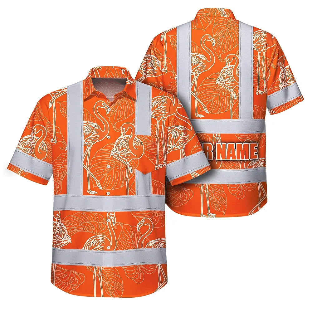 Hi Vis Hawaiian Shirt Reflective Tapes Orange Neon White Flamingo Custom Name Safety Workwear For Workers, Truckers, Operators