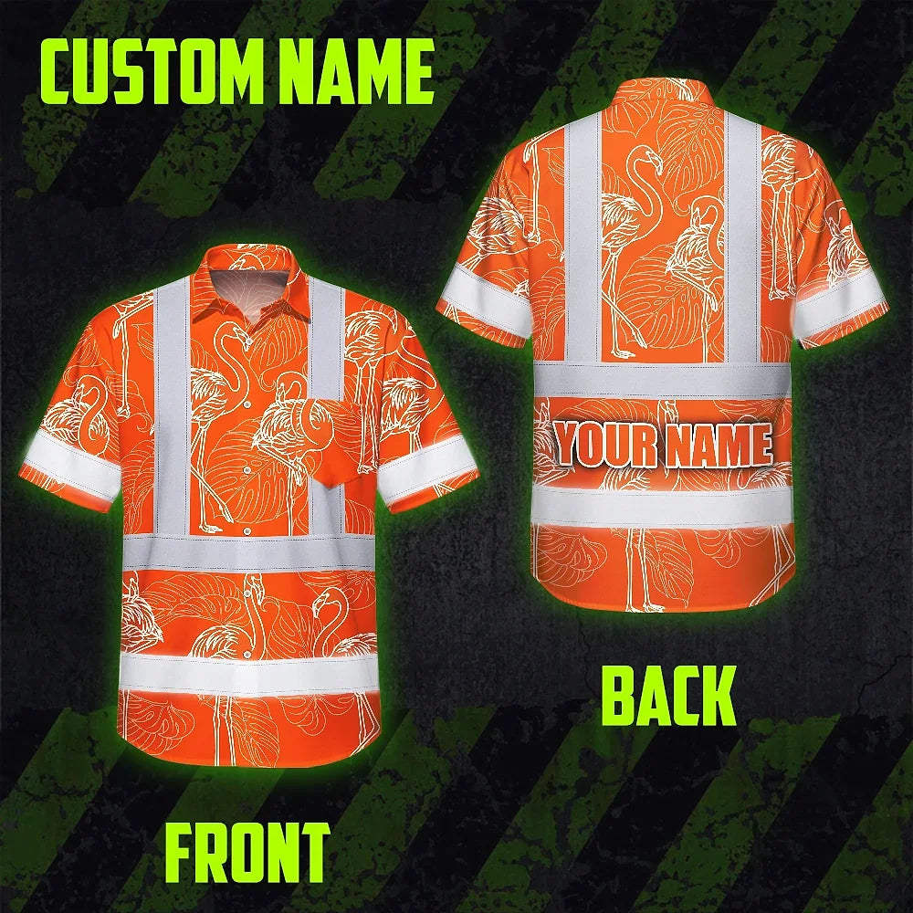 Hi Vis Hawaiian Shirt Reflective Tapes Orange Neon White Flamingo Custom Name Safety Workwear For Workers, Truckers, Operators