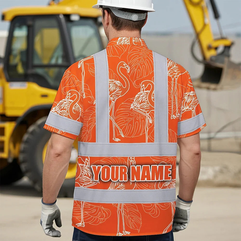 Hi Vis Hawaiian Shirt Reflective Tapes Orange Neon White Flamingo Custom Name Safety Workwear For Workers, Truckers, Operators