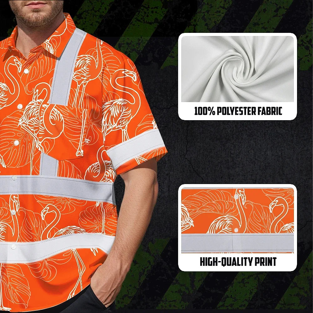 Hi Vis Hawaiian Shirt Reflective Tapes Orange Neon White Flamingo Custom Name Safety Workwear For Workers, Truckers, Operators
