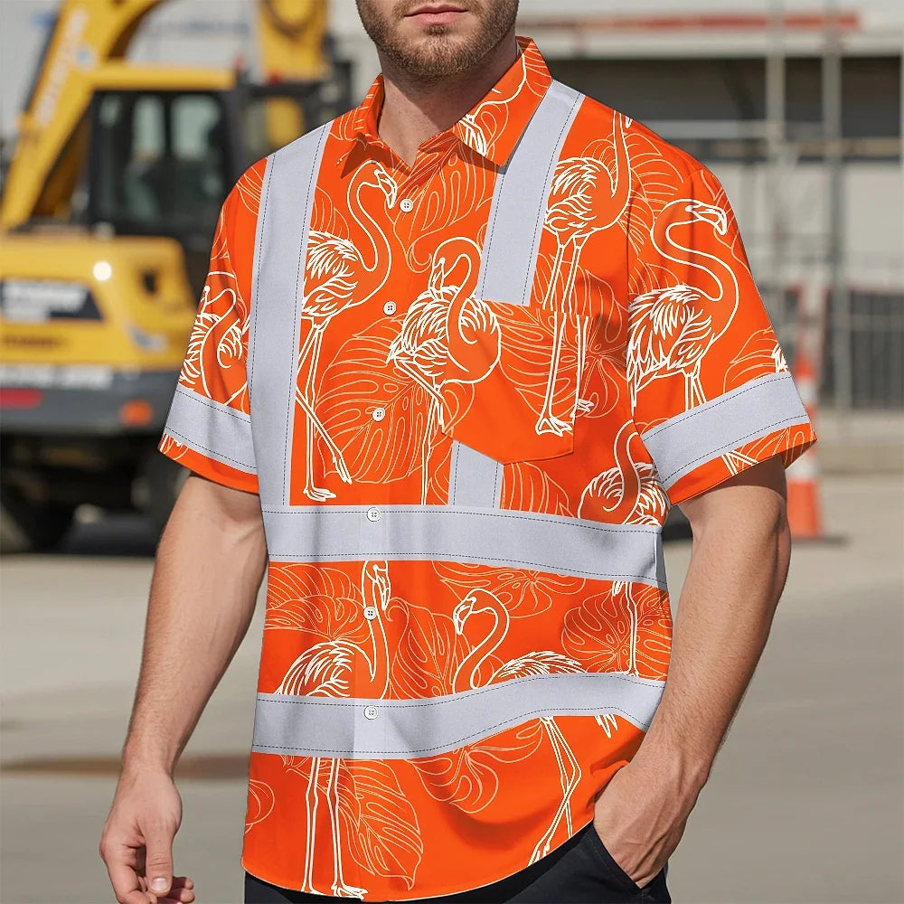 Hi Vis Hawaiian Shirt Reflective Tapes Orange Neon White Flamingo Custom Name Safety Workwear For Workers, Truckers, Operators