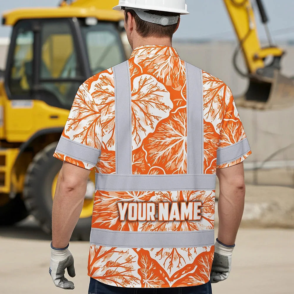 Hi Vis Hawaiian Shirt Reflective Tapes Orange Neon White Flowers Custom Name Safety Workwear For Workers, Truckers, Operators