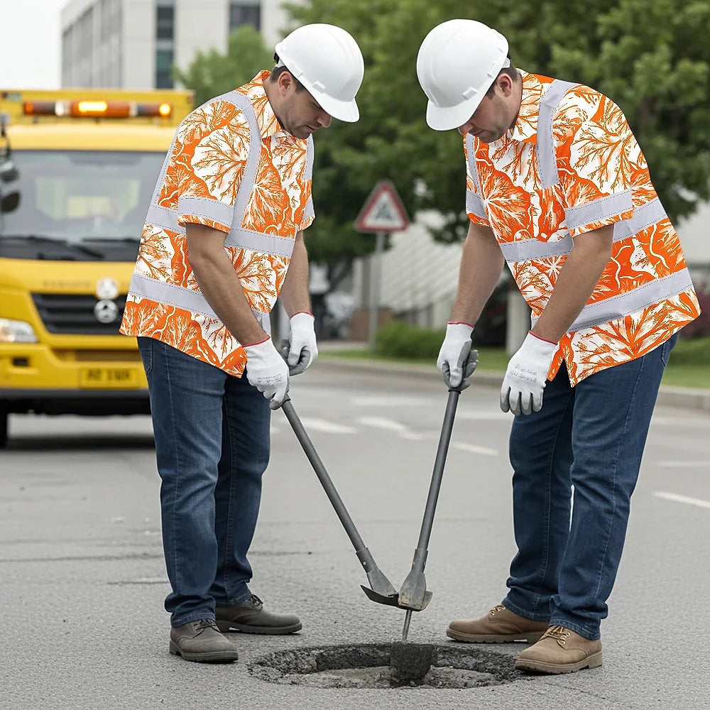 Hi Vis Hawaiian Shirt Reflective Tapes Orange Neon White Flowers Custom Name Safety Workwear For Workers, Truckers, Operators