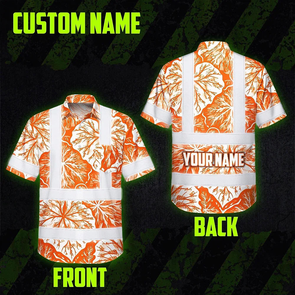 Hi Vis Hawaiian Shirt Reflective Tapes Orange Neon White Flowers Custom Name Safety Workwear For Workers, Truckers, Operators
