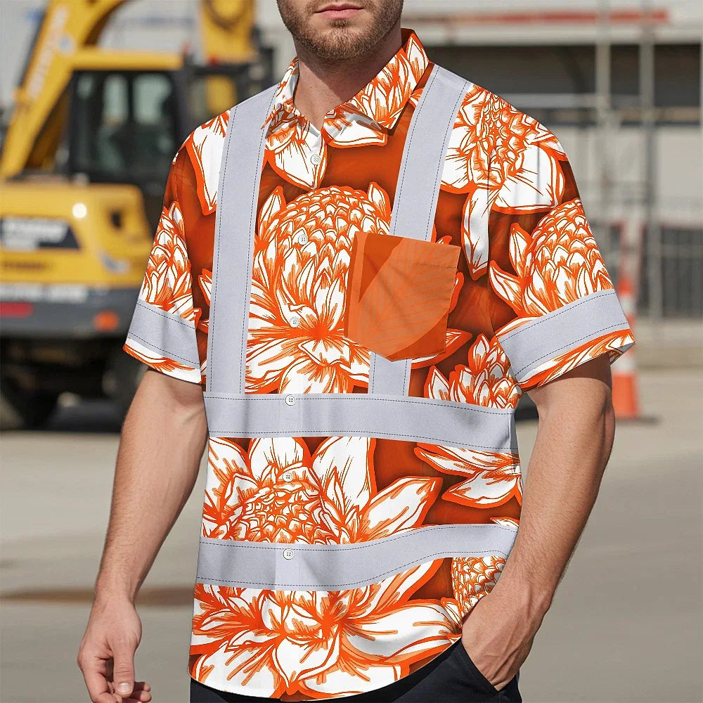 Hi Vis Hawaiian Shirt Reflective Tapes Orange Neon White Protea Custom Name Safety Workwear For Workers, Truckers, Operators