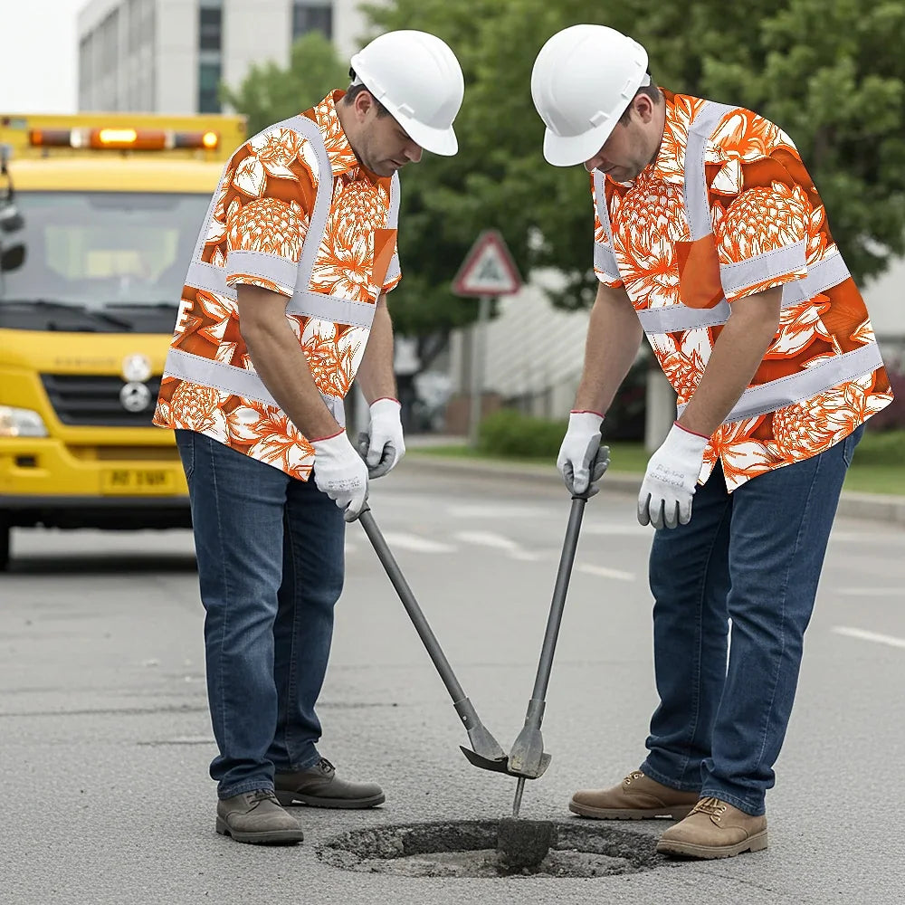 Hi Vis Hawaiian Shirt Reflective Tapes Orange Neon White Protea Custom Name Safety Workwear For Workers, Truckers, Operators