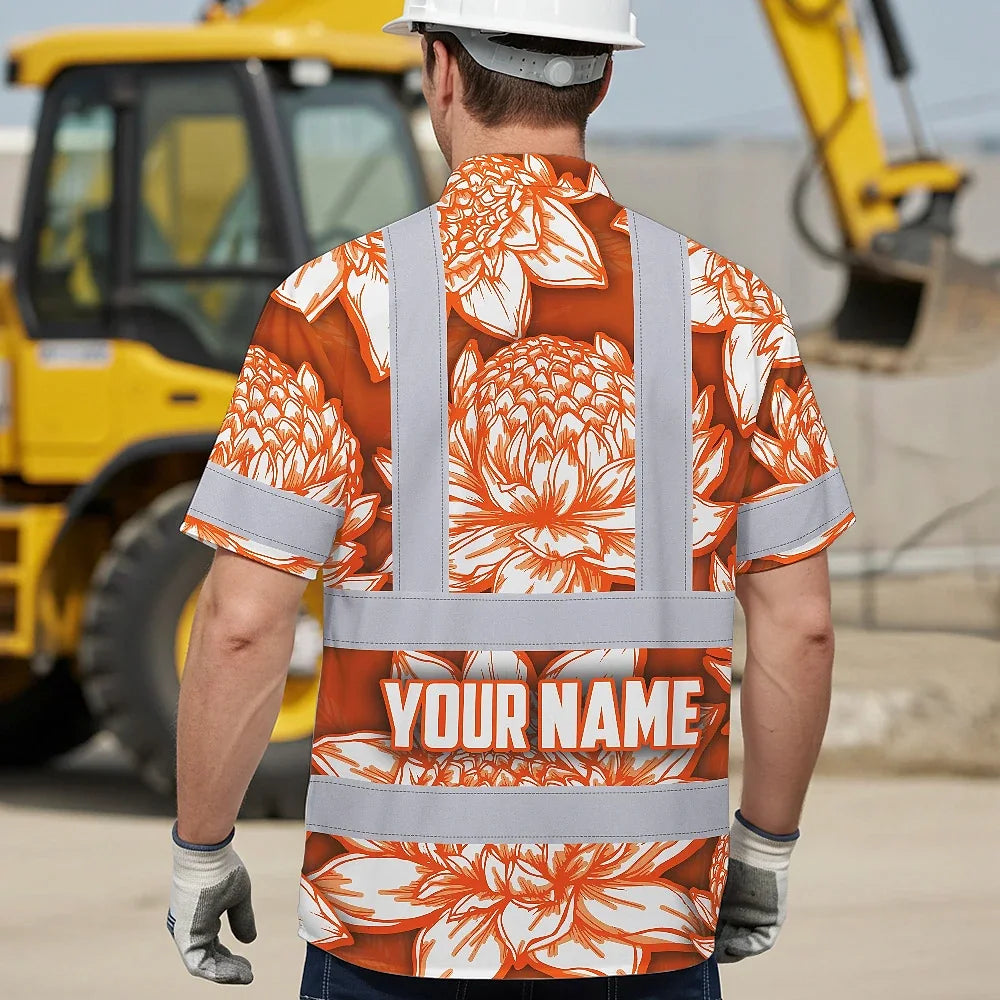 Hi Vis Hawaiian Shirt Reflective Tapes Orange Neon White Protea Custom Name Safety Workwear For Workers, Truckers, Operators