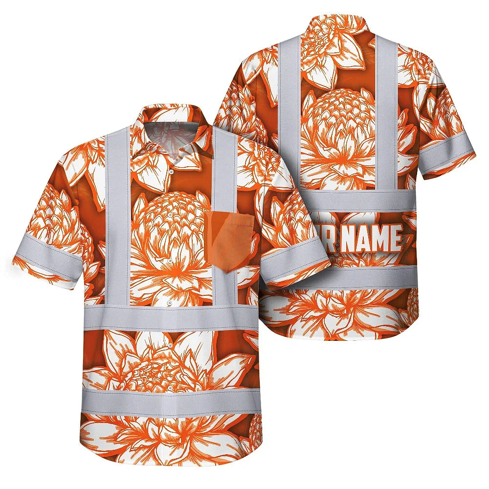 Hi Vis Hawaiian Shirt Reflective Tapes Orange Neon White Protea Custom Name Safety Workwear For Workers, Truckers, Operators