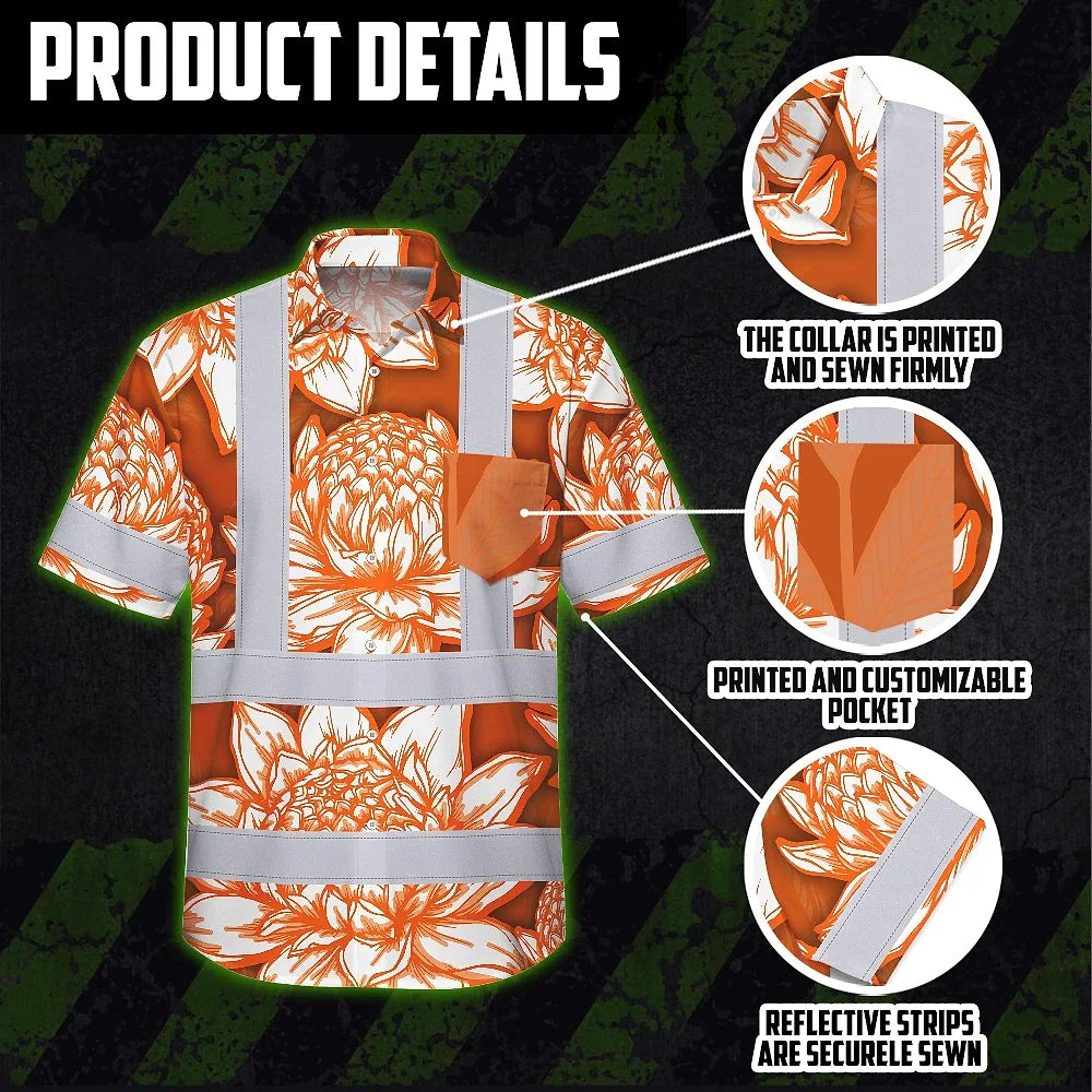 Hi Vis Hawaiian Shirt Reflective Tapes Orange Neon White Protea Custom Name Safety Workwear For Workers, Truckers, Operators