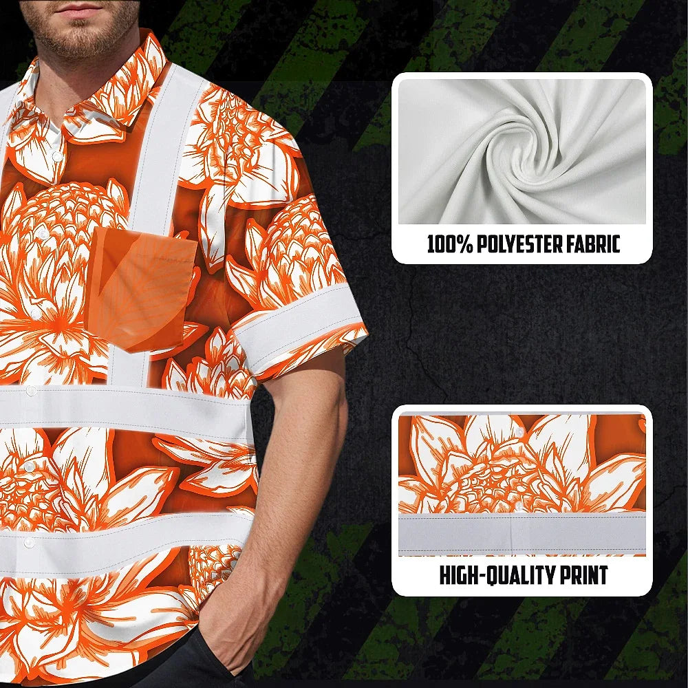 Hi Vis Hawaiian Shirt Reflective Tapes Orange Neon White Protea Custom Name Safety Workwear For Workers, Truckers, Operators