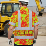 Hi Vis Hawaiian Shirt Reflective Tapes Orange Neon Yellow Orchid Custom Name Safety Workwear For Workers, Truckers, Operators
