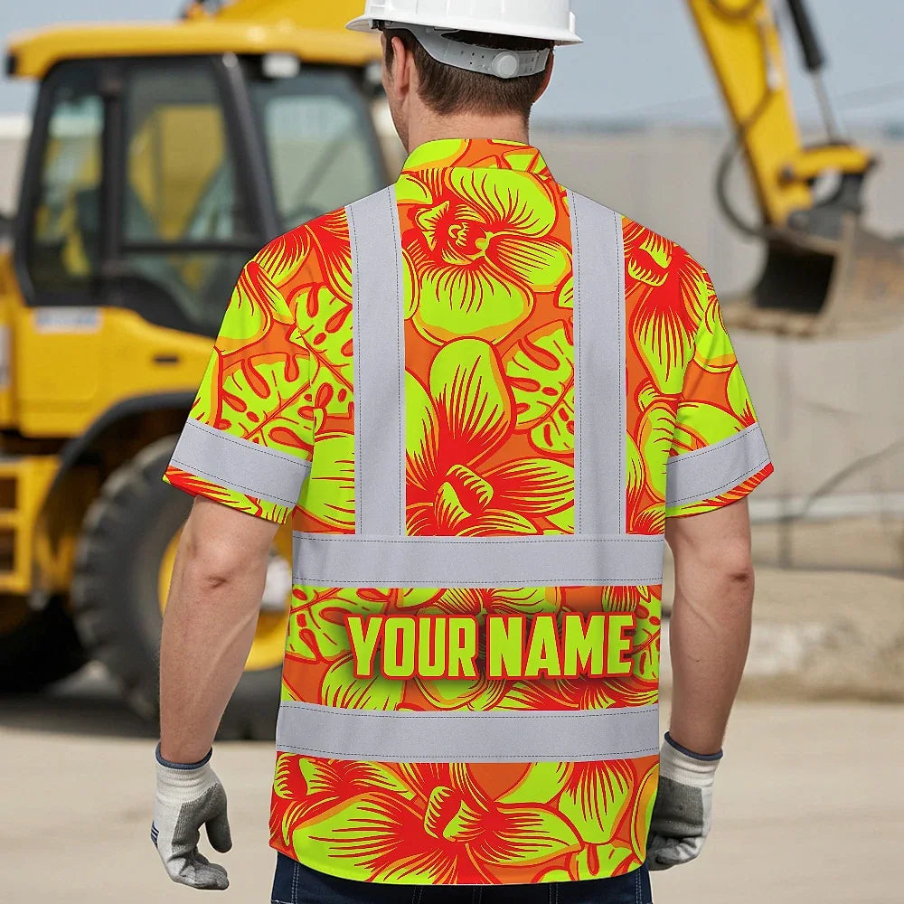 Hi Vis Hawaiian Shirt Reflective Tapes Orange Neon Yellow Orchid Custom Name Safety Workwear For Workers, Truckers, Operators