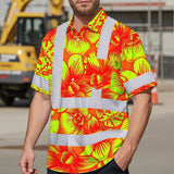 Hi Vis Hawaiian Shirt Reflective Tapes Orange Neon Yellow Orchid Custom Name Safety Workwear For Workers, Truckers, Operators