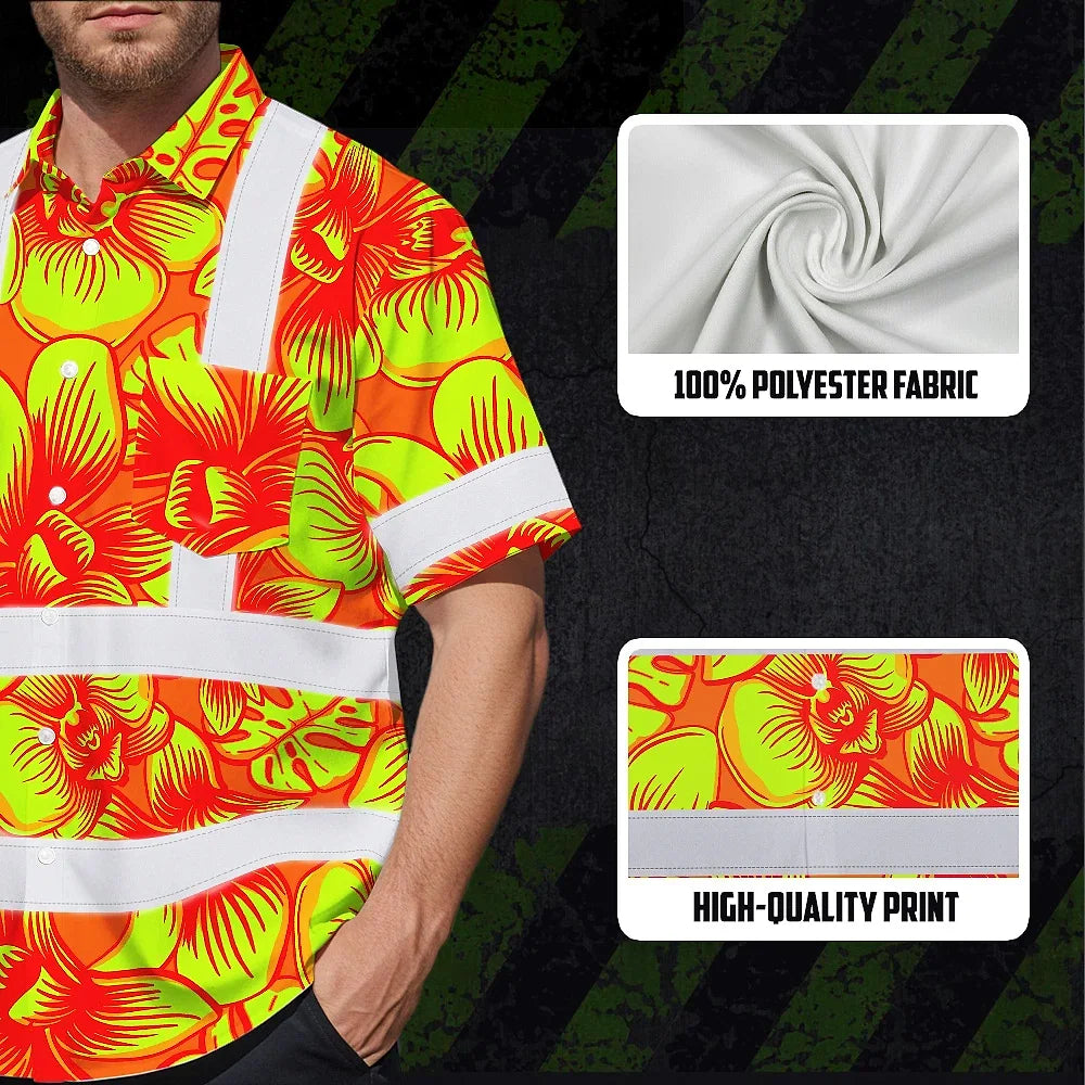 Hi Vis Hawaiian Shirt Reflective Tapes Orange Neon Yellow Orchid Custom Name Safety Workwear For Workers, Truckers, Operators
